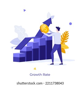 Person holding dollar coin and ascending bar chart. Concept of financial growth rate, business development and success, growing earnings, revenue or income. Modern flat vector illustration for poster.