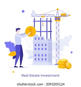 Person holding dollar coin and building under construction. Concept of real estate investment, investing money in housing and city development. Modern flat vector illustration for banner, poster.