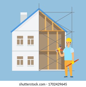 Person holding drill in hands vector, male wearing uniform person standing by unfinished construction isolated charcater with helmet and wooden plank