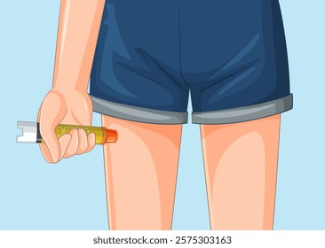 Person holding an epinephrine injector near thigh