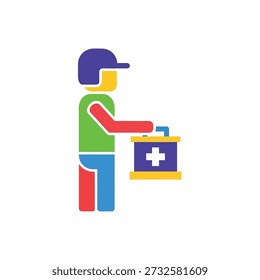 Person holding first aid kit, flat style, healthcare usage