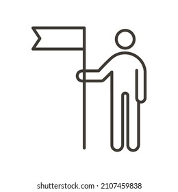 Person holding a flag banner. Vector thin line icon for concepts of leadership, success, achieving work and project goals