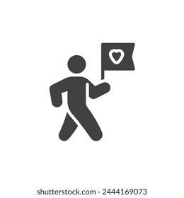 Person holding flag with heart vector icon. filled flat sign for mobile concept and web design. Charity Walk glyph icon. Symbol, logo illustration. Vector graphics