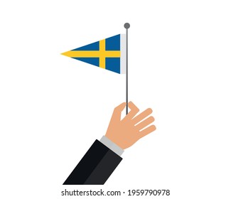 Person holding the flag of the Swedish. Swedish flag icon.