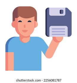 Person holding floppy, flat icon with high graphics 