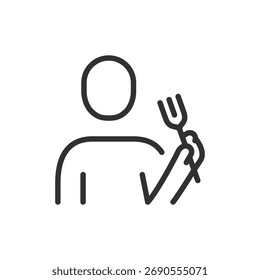 Persona sosteniendo tenedor, icono lineal. Comer actividad o a la hora de comer. Línea con trazo editable.