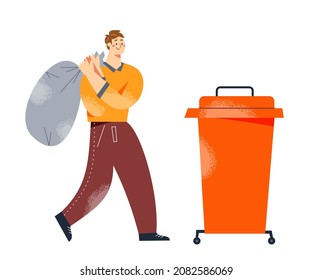 Person holding garbage bag in hands, walking to trash container vector illustration. Cartoon young man character carrying plastic package full of rubbish and waste after housework isolated on white