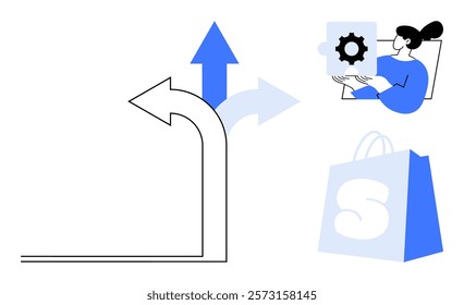 Person holding a gear puzzle piece with arrows indicating different paths and a shopping bag. Ideal for decision making business choices strategic planning technical solutions e-commerce. Modern flat