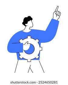 Person holding a gear while pointing upwards, symbolizing progress, innovation, and problem-solving. Ideal for presentations, business, technology, education, and marketing. Modern minimalist style