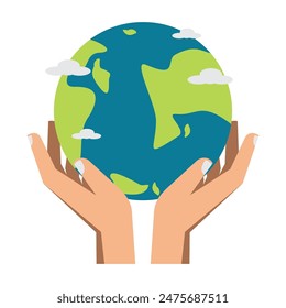 Persona sosteniendo el globo con las nubes en el fondo; conveniente para global, viajes, Clima, cambio climático, educación, conceptos ambientales.