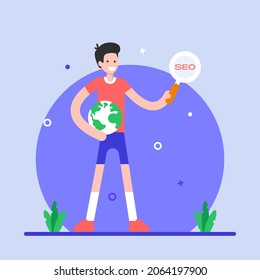 Person holding globe and magnifier, concept of global search flat illustration