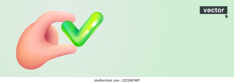 Person holding a glossy green checkmark in his hand. Realistic vector 3D illustration in cartoon style. Perfect for social media banner, UI template, voting app, eco advertising.