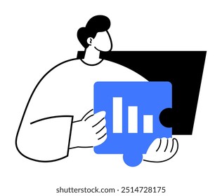 Person holding graph puzzle piece, with another holding computer screen. Ideal for data analysis, business strategy, teamwork, technology, education. Simple line art, minimalist style.