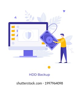 Person holding hard disk drive connected to computer with shield on screen. Concept of HDD backup, copying of digital information from data storage device. Modern flat vector illustration for banner.