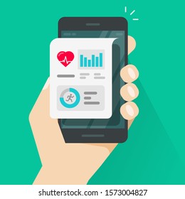Person holding health or fitness tracker app on mobile phone vector, flat cartoon smartphone steps or run tracking data and pulse or heartbeat medical information on cellphone screen