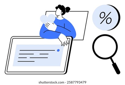 Person holding heart beside large tablet screen displaying text. Magnifying glass, percentage symbol floating. Ideal for healthcare, love, technology, analytics, education, finance, self-care themes