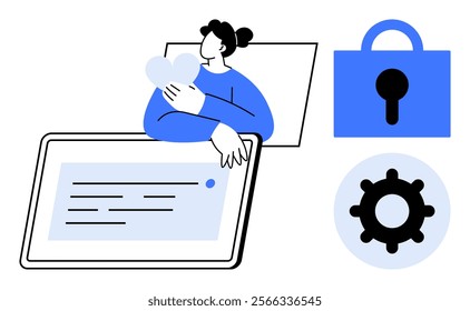 A person holding a heart near a tablet and symbols of a lock and gear in blue and white tones. Ideal for online security, technology, data protection, internet safety, and digital privacy themes