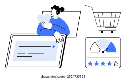 Person holding heart shape with shopping cart, tablet, and rating gauge showing review stars. Ideal for e-commerce, online reviews, customer satisfaction, digital marketing, user experience. Simple