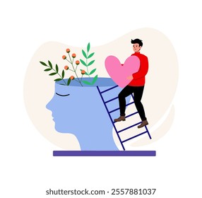 Person holding a heart while climbing a ladder to a creative mind garden