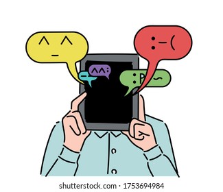 Una persona sostiene su tablet en la mano y cubre su cara. Conversaciones anónimas en redes sociales digitales. ilustraciones de diseño vectorial de estilo dibujado a mano. 