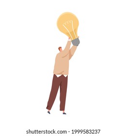 Person holding huge lightbulb as symbol of creative idea. Businessman and light bulb. Concept of creativity, insights, and inspiration. Colored flat vector illustration isolated on white background