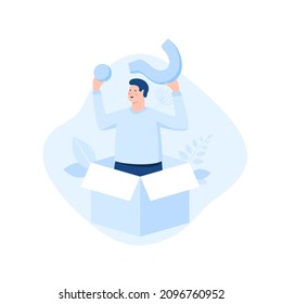 Person holding interrogation point appearing out of box. Concept of finding answer to question, search for user problem solution, FAQ information. Modern flat vector illustration for poster, banner.