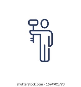 Person holding key thin icon. Businessman, employee, professional finding solution. Line icon for business, opening, problem solving concept