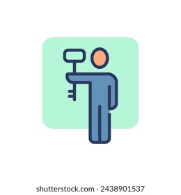 Person holding key thin icon. Businessman, employee, professional finding solution. Line icon for business, opening, problem solving concept