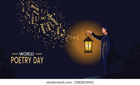 A person holding a lantern, with words floating out, symbolizing the illumination of creativity and poetry. Celebrating World Poetry Day, where words light the way to new ideas.