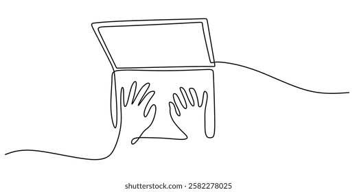 Person holding a laptop in continuous one line drawing. Symbol of remote work, digital business, or technology. Vector illustration hand drawn.