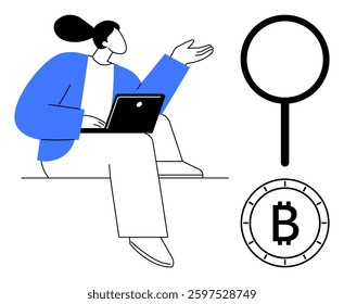Person holding laptop, gesturing with hand, Bitcoin symbol, and magnifying glass icon. Ideal for blockchain, cryptocurrency, financial research, online education, fintech, data analysis, digital