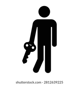 A person holding a large key standing alone on a white background with a sense of freedom