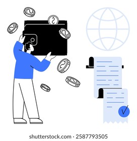 Person holding a large wallet with coins falling out beside a digital receipt and a globe. Ideal for finance technology, digital banking, online payment, global transactions, and personal finance