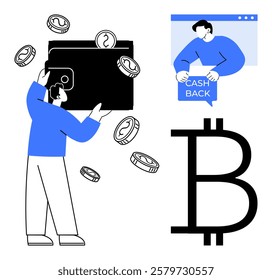 A person holding a large wallet with flying coins, a figure in a chat window displaying cash back text, and a prominent Bitcoin symbol. Ideal for digital currency, blockchain, fintech, e-commerce