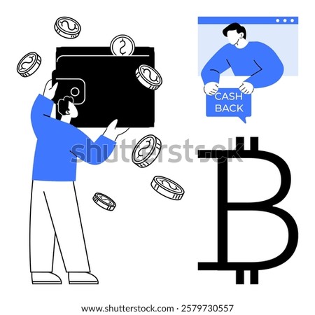 A person holding a large wallet with flying coins, a figure in a chat window displaying cash back text, and a prominent Bitcoin symbol. Ideal for digital currency, blockchain, fintech, e-commerce