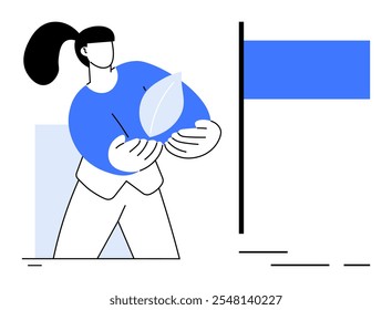 Persona sosteniendo una hoja mientras viste de azul. Líneas limpias y colores planos. Ideal para iniciativas ambientales, campañas de sostenibilidad, productos ecológicos, conservación de la naturaleza y diseño minimalista