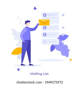 Person holding letter in envelope to send. Concept of mailing list, emails or electronic addresses for communication, correspondence, newsletters. Modern flat colorful vector illustration for banner.