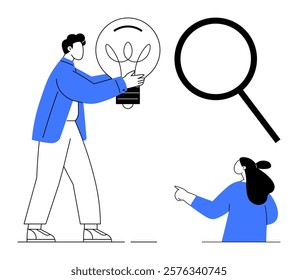 Person holding light bulb with another pointing at it. Large magnifying glass on the side. Ideal for creativity, innovation, research, discovery, teamwork. Simple lines and flat style