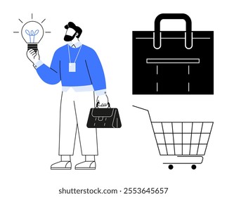 Person holding a light bulb and briefcase emphasizes business ideas. Briefcase and shopping cart reinforce business themes. Ideal for business, innovation, entrepreneurship, shopping, and commerce