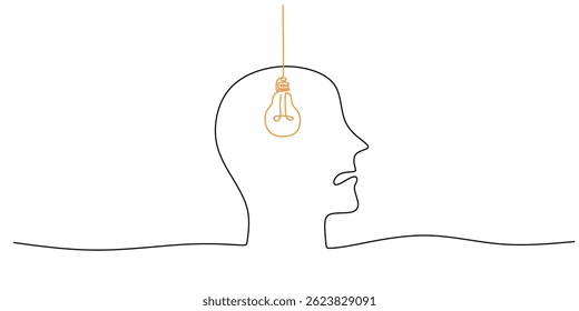 Person holding a light bulb inside their head in continuous line drawing. Symbol of creativity, new ideas, and innovative thinking at work. Vector illustration hand drawn.