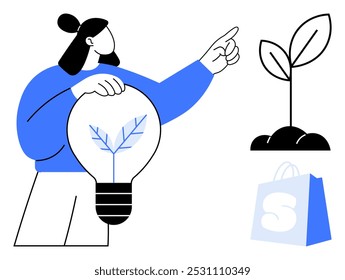 Person holding light bulb with plant inside pointing at a growing plant in soil with shopping bag in background. Ideal for sustainability, eco-friendly practices, green technology, innovation