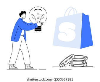 Person holding light bulb, shopping bag with letter S, and coins. Ideal for themes like creativity, e-commerce, innovation, saving, and business. Modern minimalist style