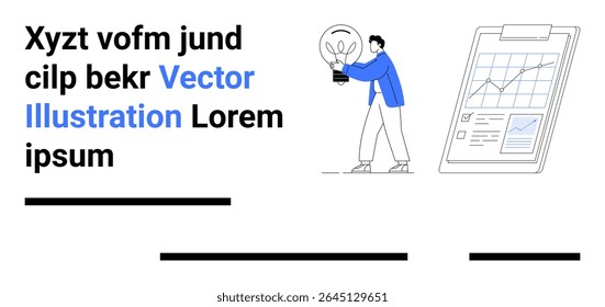Person holding light bulb symbolizes ideas, clipboard with chart for data representation, and lorem ipsum text blocks for placeholder. Ideal for business presentations, education, innovation, tech