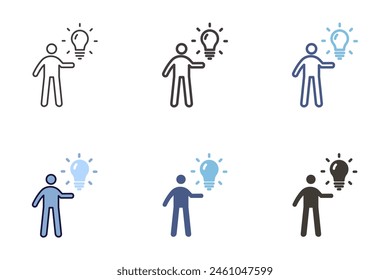 Person holding a lightbulb icon. Inspiration, thinking, problem solving and solution vector graphic elements