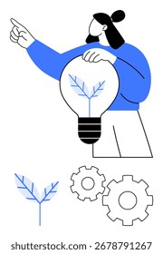Persona que sostiene la bombilla con la hoja adentro, apuntando hacia adelante. Abajo, una Pequeña planta y ruedas dentadas representan crecimiento e innovación. Ideal para la sostenibilidad, la innovación, el respeto del medio ambiente, la energía verde