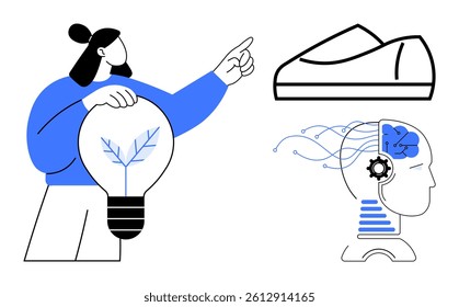Person holding a lightbulb with plant, pointing at sneaker design and head with circuits and gears. Ideal for technology, innovation, artificial intelligence, creativity, inventions, sustainability