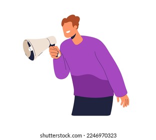 Person holding loudspeaker. Man announcing news with loud speaker in hands. happy character with bullhorn, megaphone for information announcement. Flat vector illustration isolated on white background