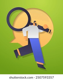 Person holding magnifying glass concept search. Abstract figure with magnifying glass over speech bubble background in green and yellow tones. Paper cut style