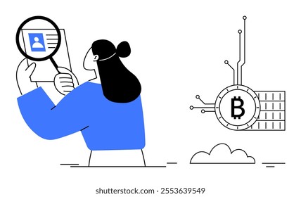 Person holding a magnifying glass examines digital profile while Bitcoin symbol hovers nearby. Ideal for blockchain, cryptocurrency, digital security, identity verification, technology trends. Flat