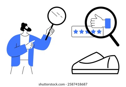 Person holding magnifying glass, examining product rating with thumbs up icon, stars, and shoe. Ideal for quality control, customer feedback, product reviews, online shopping, user experience